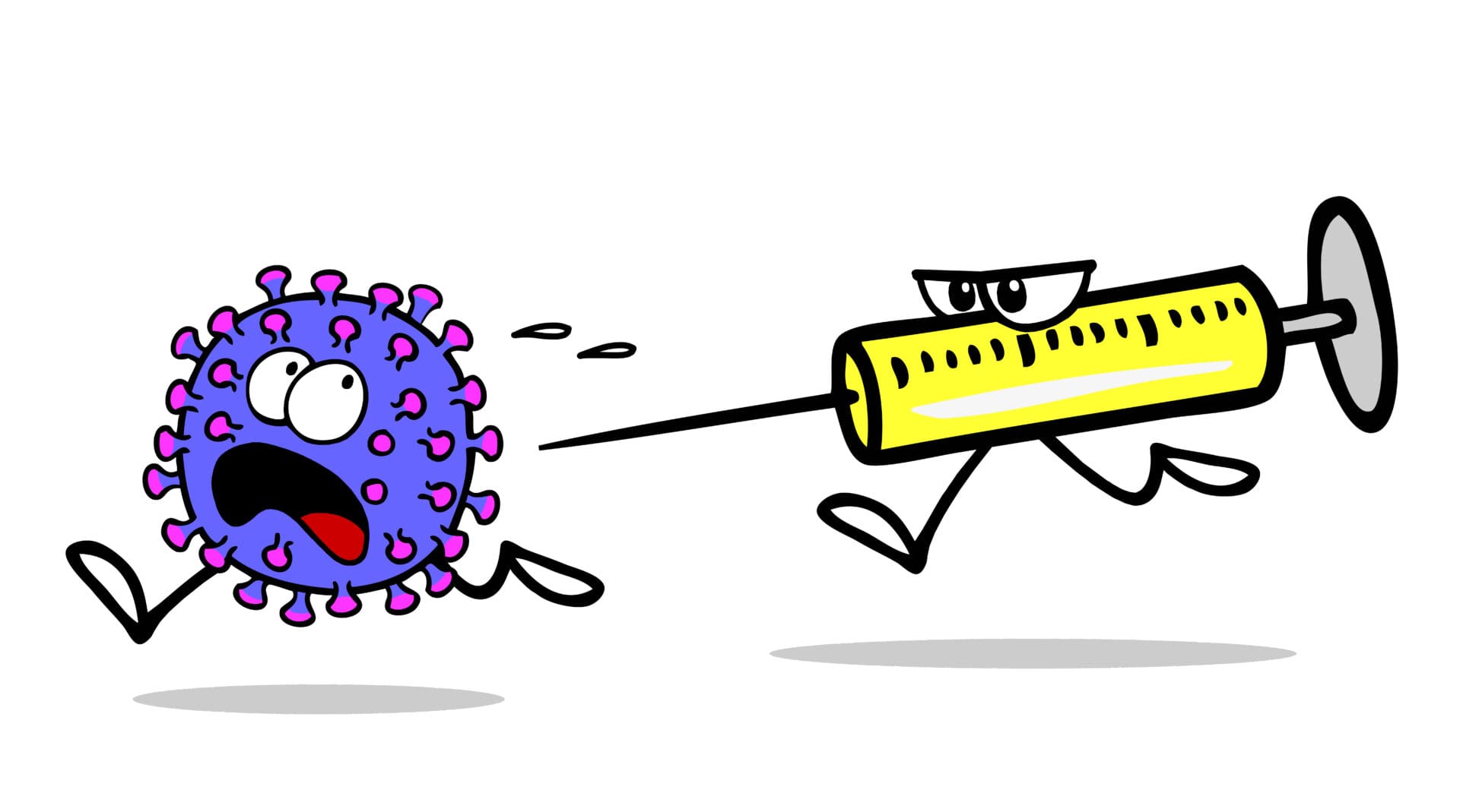 A cartoon of a person running away from a virus